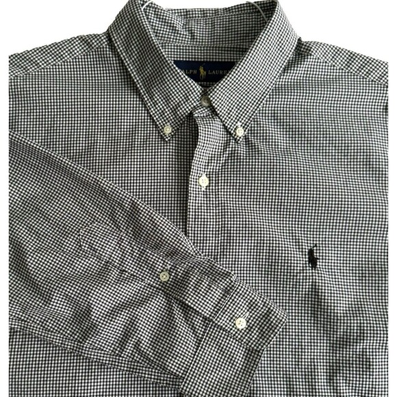 Mens Ralph Lauren Custom Fit Black Micro Check Shirt Button Down L/S Office XL - Picture 1 of 8